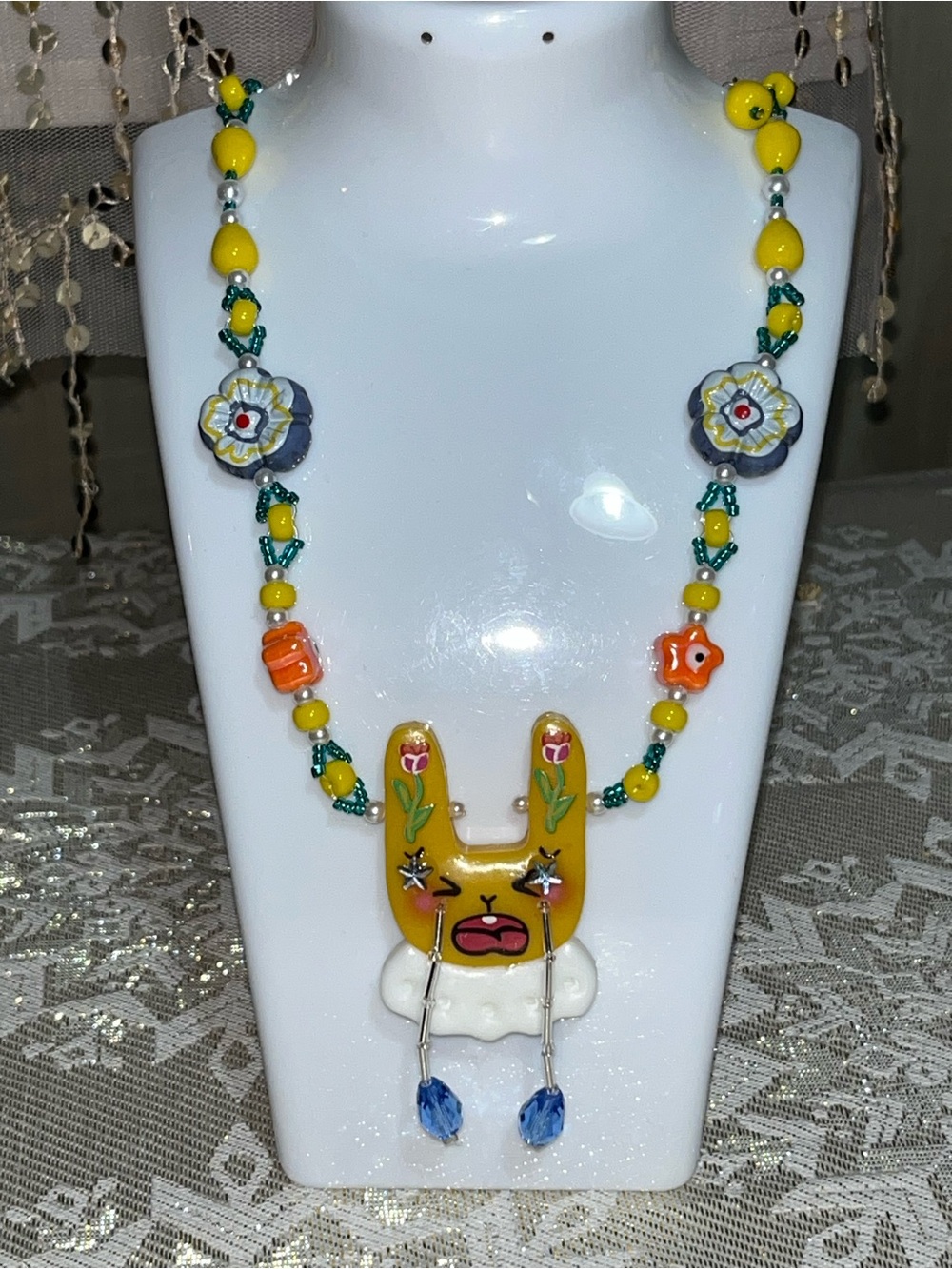 Whimsical Crybaby Yellow Bunny Glass Bead Necklace NEW!